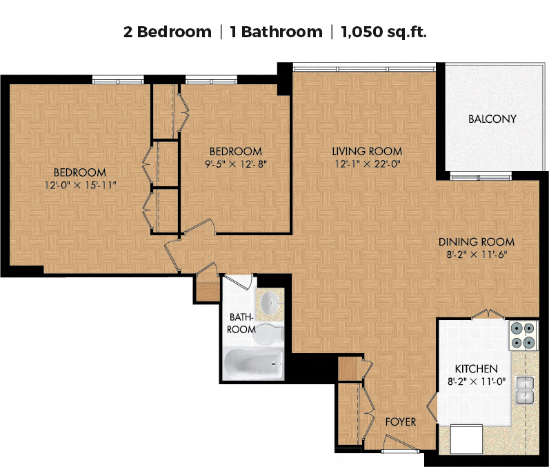 Floor plan for 2 beds, 1 bath, 980 sqft